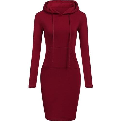 Women Autumn Winter Sweatshirt Long Sleeve Hooded Pocketed Pullovers Casual Cotton Red Slim Sweatshirt Dress Hoodies Streetwear
