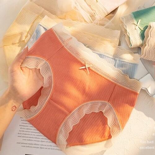 Wasteheart New Women Fashion Green Orange Cotton Lace Bow Mid Waist Cotton Panties Underwear Lingerie Briefs Underpants M L