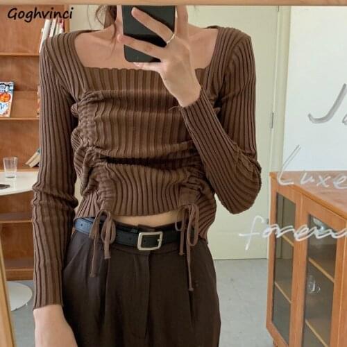 Womens Sweaters New Autumn Square Collar Pleated Lace-up Slim Leisure Elegant Lady Knitwear Soft Plus Size 5XL Korean Pullovers
