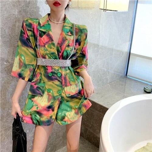 2 piece set European runway loose floral print blazer ladies jacket summer ladies high street pearl off-shoulder jacket NZ86