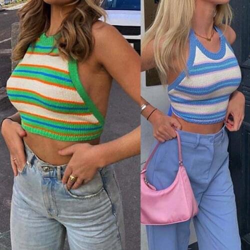 Women Summer Knitted Halter Crop Top Sexy Backless Contrast Color Striped Camisole Harajuku Slim Sleeveless Mini Vest
