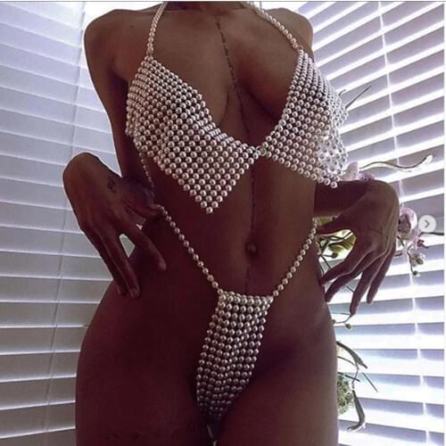 Stonefans Imitation Pearls Sexy Waist Belly Chain Underwear Thong Panties for Women Pearl Body Chain Bra Necklace Body Jewelry