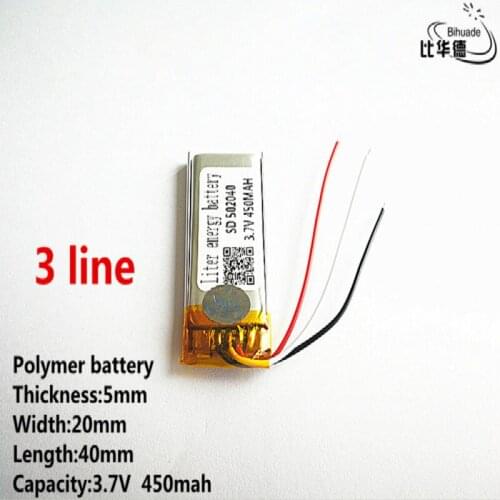 10pcs/lot 3 line Good Qulity 3.7V,450mAH,502040 Polymer lithium ion / Li-ion battery for TOY,POWER BANK,GPS,mp3,mp4