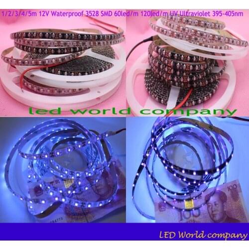 5m 12V 60led/m Ultraviolet 3528 UV led strip Black/White PCB Waterproof in IP30/IP65 395-405nm LED Purple led Strip