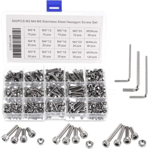 500pcs 304 Stainless Steel M3 M4 M5 Hex Socket Bolts and Nuts Assortment Screw Set with 3 Wrenches