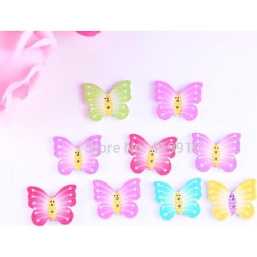 Free shipping -50pcs Random Mixed Colorful 2 Holes Pattern Wood Bottons Animal Lovely Cartoon Butterfly Buttons 25x21mm J1533