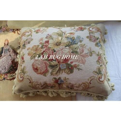 FREE SHIPPING 15K 16"x20" Needlepoint pillow, handknotted cushion with floral designs no insertion