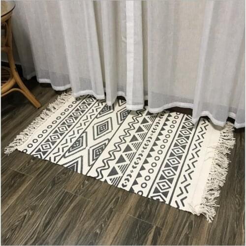 Nordic Cotton Linen Tassel Printed Carpet Home Decor Living Room Coffee Table Foot Mat Bedroom Long Strip Mat Can Machine Washed