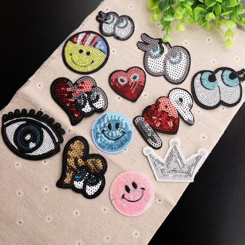 Fashion Cartoon Eyes Face Patches Sequin Cloth Sticker Cute Hot Heat Transfer DIY Iron Sew On Clothing Bag Shoes