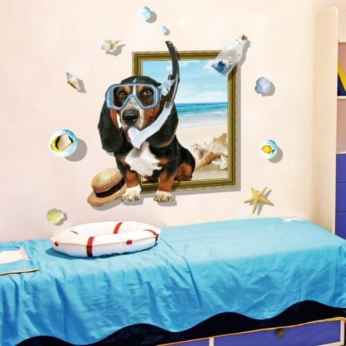 Cartoon Cute 3D Diving Dog Summer Fresh Wall Stickers For Kids Rooms Marine Beach Shell Decoration Bedroom Living Room Art