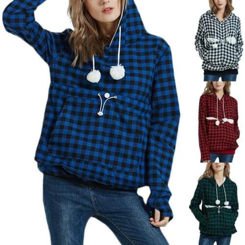 Autumn And Winter WomenS Cat Ear Long Sleeve Hoodie With Pocket Red Plaid Hooded Pet Sweatshirt Pullover Coat 2021 Sweater