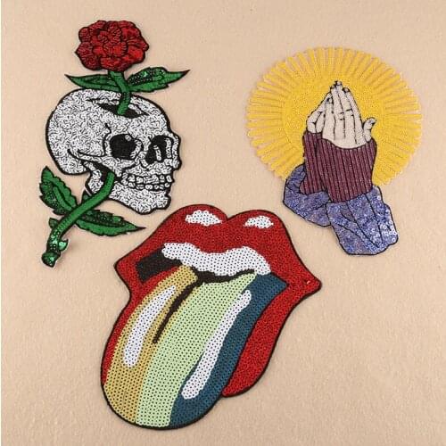 Punk Rose flower Skull Sewing Patch Iron on Sequins Prayer Embroidered Patch for Clothing Backpack Appliques Badges
