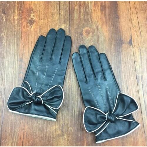 Womens White bow knot sheepskin leather gloves winter thermal genuine leather gloves winter driving riding gloves