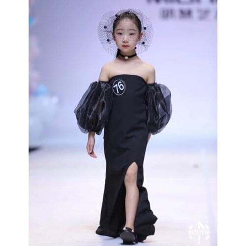 Elegant Childrens Dress Black Shoulderless Princess Girl Birthday Dress White Age for 3- 14 Yrs Teenage Girls Party Dress Kids