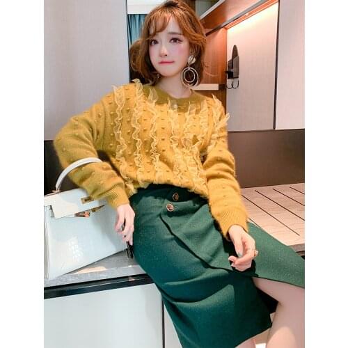 Wave point jacquard splicing gauze agaric sweater dress lace stripe joker winter new High Quality