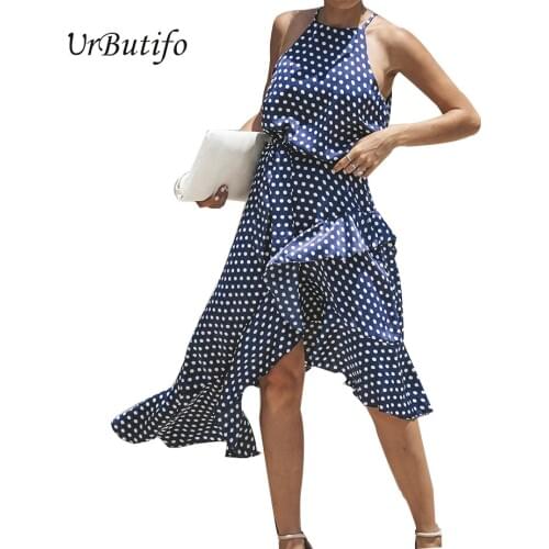 UrButifo Casual Midi Dress Fashion Polka Dot Print Halter Sexy Women Dresses Ruffles Elegant Vintage Dress Plus Size Vestido