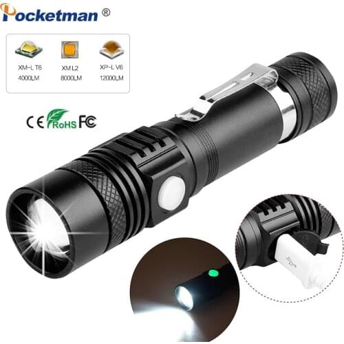 18000LM Super Bright Led flashlight USB linterna led torch T6/L2/V6 Power Tips Zoomable Bicycle Light 18650 Rechargeable