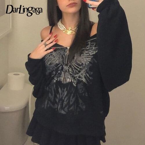 Darlingaga Streetwear Grunge Gothic Printed Oversized Hoodies Autumn Jacket Coat Dark Academia Zip Up Hoodie Women Graphic Loose