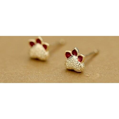 Dainty Heart Cat Paw Stud Earrings Luxury Female Red Enamel Small Earrings Vintage Gold Color Love Wedding Earrings For Women