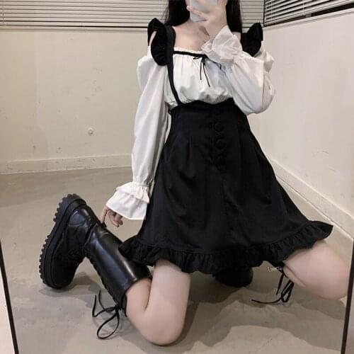 Japanese Sweet College Style High-Waist Hip Lotus Leaf Mosaic A- line Straps Skirt Female kawaii clothing lolita dress