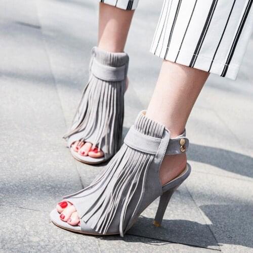 Tassel Peep Toe Short Boots Grey Elegant Dress Women Ankle Bootie Sandals Cut Out Heels High Stiletto Fringe Ladies Shoes