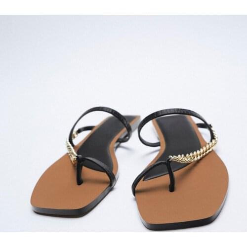 ZAR Brand Slippers Women Summer Luxury 2021 New Fashion Square Toe Metal Chain Flat-Heeled Sandals Plus Size 41 Chaussure Femme