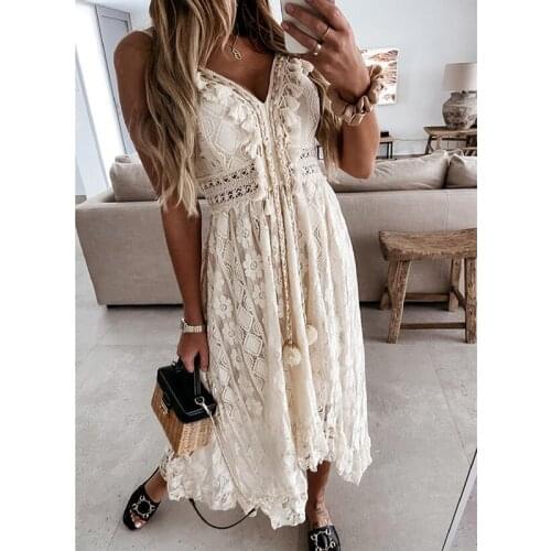 Ordifree 2021 Summer Women Sexy Maxi Dress Spaghetti Strap Tassel White Lace Vocation Tunic Long Beach Dress