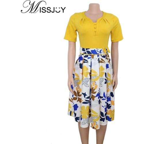 MISSJOY 2020 Summer With Bow Midi Dresses Women Short Sleeves Vintage Floral Printed Patchwork Femme A-Line Party Pleat Dresses