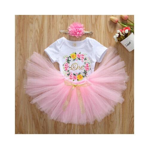 2020 Baby Summer Clothing Newborn Baby Girls Letter One Birthday Clothes 2PSC prints Romper Jumpsuit pink Gauze skirt
