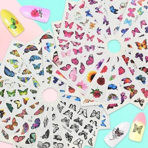 30Pcs/Set Colorful Butterfly Nail Art Water Sticker DIY Black Simple Pattern Transfer Decal Flower Manicure Slider Decorations