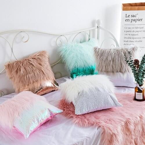 Throw Pillow Case Portable Fashion Decorative Plush Sequins Stitching Pillow Case Cushion Cover for Household Textile