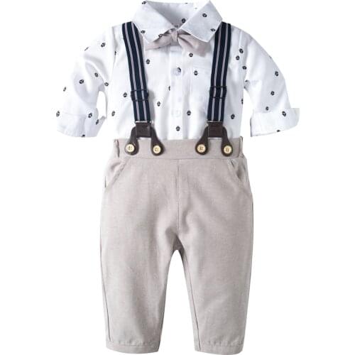 Newborn Baby Boy Gentleman Clothes Set Half Sleeve Print Romper with Bowtie + Suspender Pants Outfits Boys Formal Suit