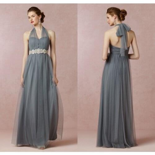 Elegant long evening dresses 2015 Free shipping high quality sexy halter backless crystal A-line custom made tulle prom gowns