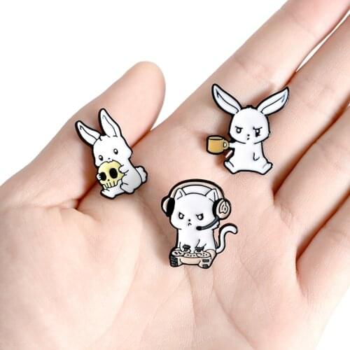 Lovely Rabbit Skull Enamel Brooches Cute Cup Animals headset Lapel Pin Clothing Hat Coat Accessories Gift