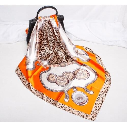 FXAASS Bandana Women Hijab Square Scarf Fashion Ladies Retro Luxury Silk Scarf Shawls Clock Print 90*90cm Large Cape Headscarf