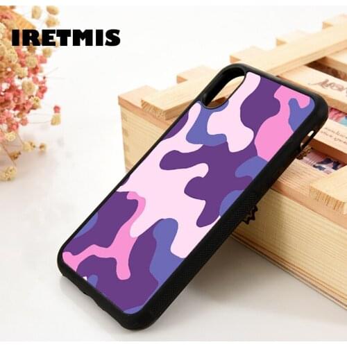 Iretmis 5 5S SE 6 6S Silicone Rubber Phone Case Cover for iPhone 7 8 Plus X Xs 11 12 MINI Pro Max XR Army camouflage pink print
