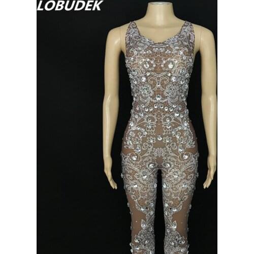 Summer Women Sleeveless Jumpsuit Lace Pattern Shiny Rhinestones Stretch Leotard Nightclub Bar Party Singer Dancer Stage Costume