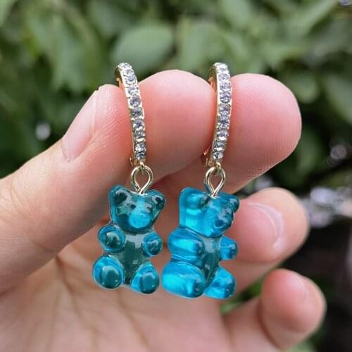 Girls Cute Transparent Resin Bear Earrings for Women Rhinestone Lovely Hoop Earrings Children Cartoon Earing Wholesale Jewelry