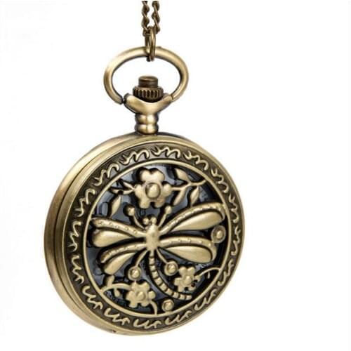 New Bronze antiques Fashion quartz dragonfly Hollow out pendant Necklace pocket watches gift KL5878