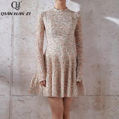Qian Han Zi fashion runway autumn dress Long sleeved Flower print high-elegant embroidery vintage Party slim dress Women 2021