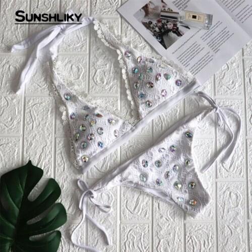 Sunshliky Summer White Crystal Bikinis 2021 Mujer Sexy Lace Two Piece Swimsuit Bikini Women Bandage Beach Swimwears Bathing set
