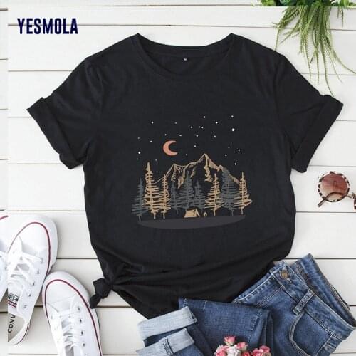 YESMOLA Women T-shirts Mountain Printed Forest Landscape Short Sleeve Plus Size Female Clothes Streetwear Tops Tees