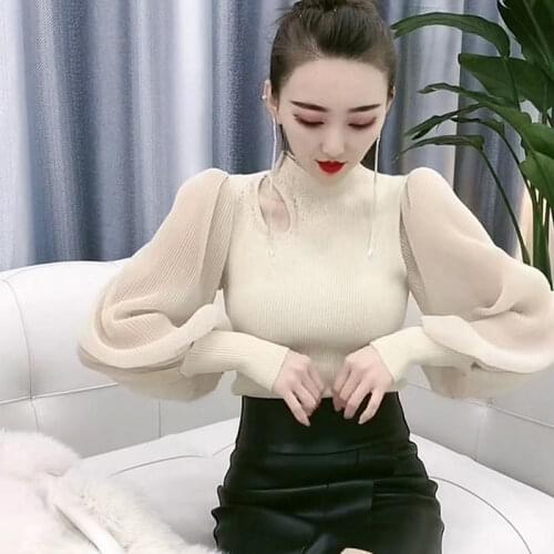 2021 spring new net red hollow out T-shirt womens sexy top with foreign style versatile long bishop sleeve high collar fashion