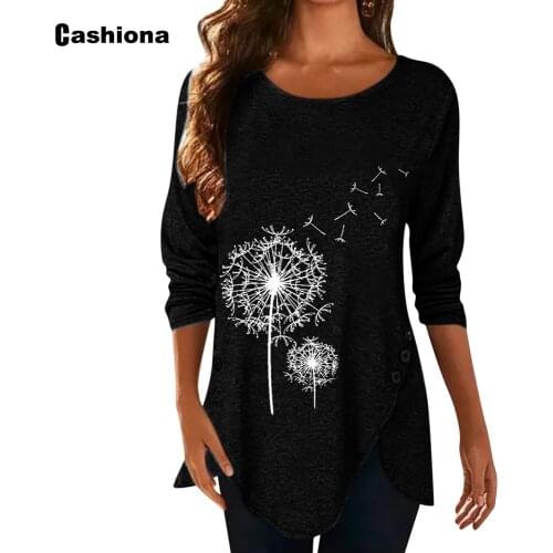 Cashiona Plus Size Women T-shirt Patchwork Buttons Long Sleeve Dandelion Print Femme Top 2021 Spring Autumn irregular Tees shirt