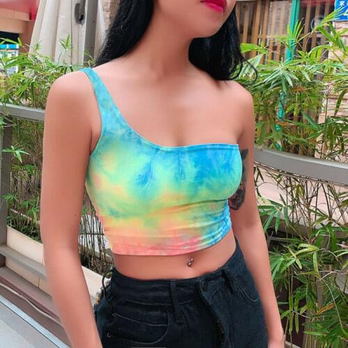 Women Summer Holiday Colorful Tie Dye Print Women Tank Top Vest One shoulder Crop Top T-Shirt Cami Top