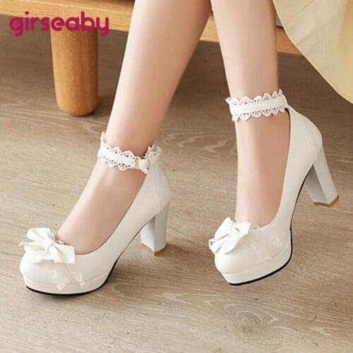 Girseaby New 2021 Ladies Pumps Lolita Cute Round Toe 8.5cm Block Heesl Platform Bowtie Sweet Buckle Lace Party Big Size F1128