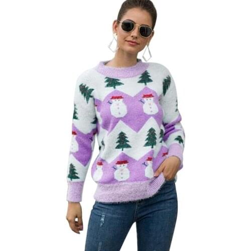 Long Sleeve Knitted Pullovers For Women Winter Christmas Tree Snowman Print Vintage Casual Female Streetwear Warm Sweater Tops