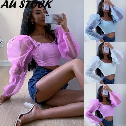 Woman Long Puff Sleeve Crop Top Solid Color Fold Square Neck Crop T-Shirt 2021 Summer Organza Chiffon Shirt Casual Tops