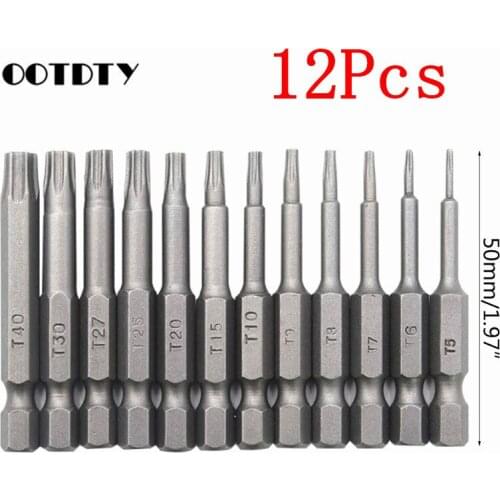 12 Pcs 50mm 1/4 Inch Hex Shank T5-T40 Torx Head Screw Driver Bits Set Electric Screwdriver Tool