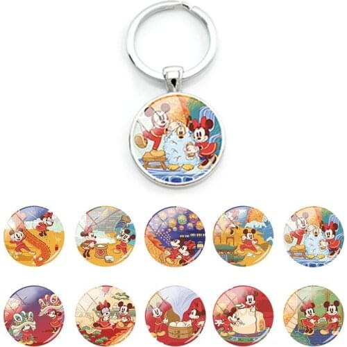 Disney Mickey Mouse Minnie Pattern Key Chain Accessories Gifts for Children Rings Pendant Glass Cabochon Keychains Unisex DSY188